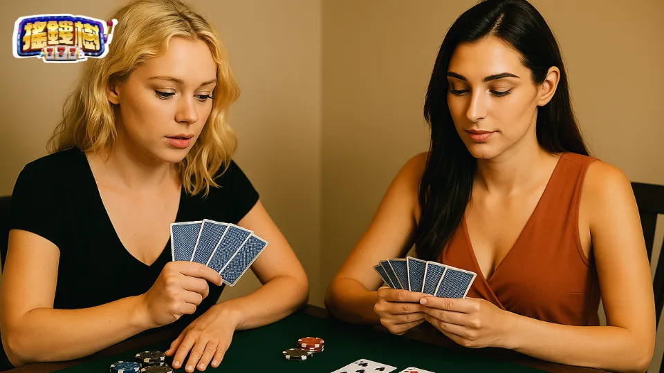 兩位女性坐在賭桌前玩妞妞,示意雙人實戰對局場景,搭配搖錢樹娛樂城LOGO