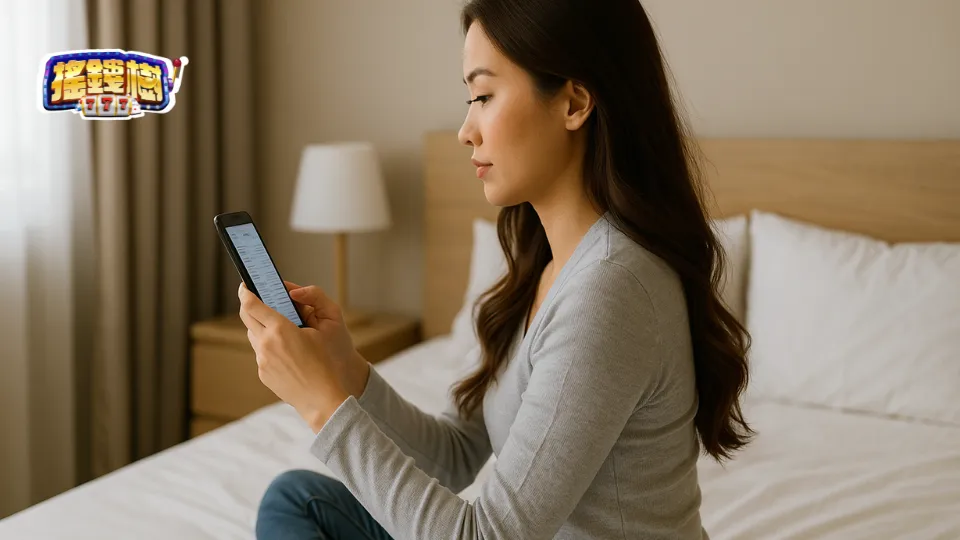 一位女性坐在自家床上專注查看手機提款紀錄，象徵線上娛樂城制度透明與自主控管帳號資安